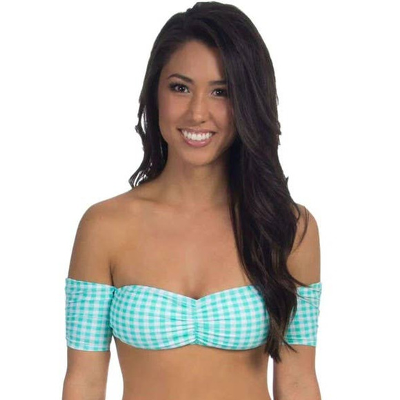 Lauren James Gingham Off-The-Shoulder Bandeau Bikini Top in Aqua Size Medium - Picture 2 of 3